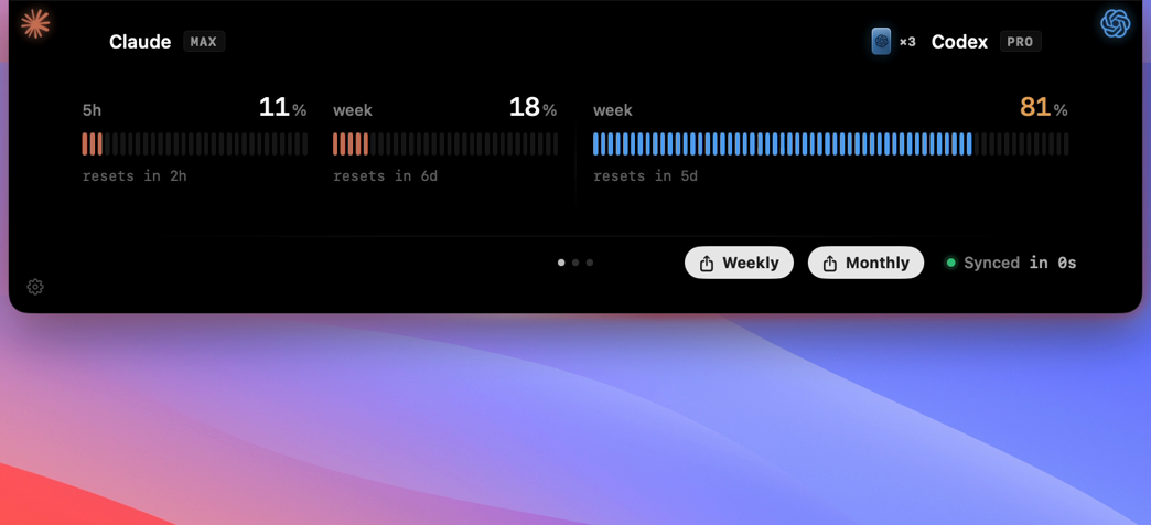 Agent Island usage panel showing the Claude 5-hour and weekly windows